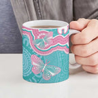 Hereditary And Gynecologic Cancer Awareness Ceramic Mug Teal Pink Ribbon Aboriginal Art - Aussie Hoodie