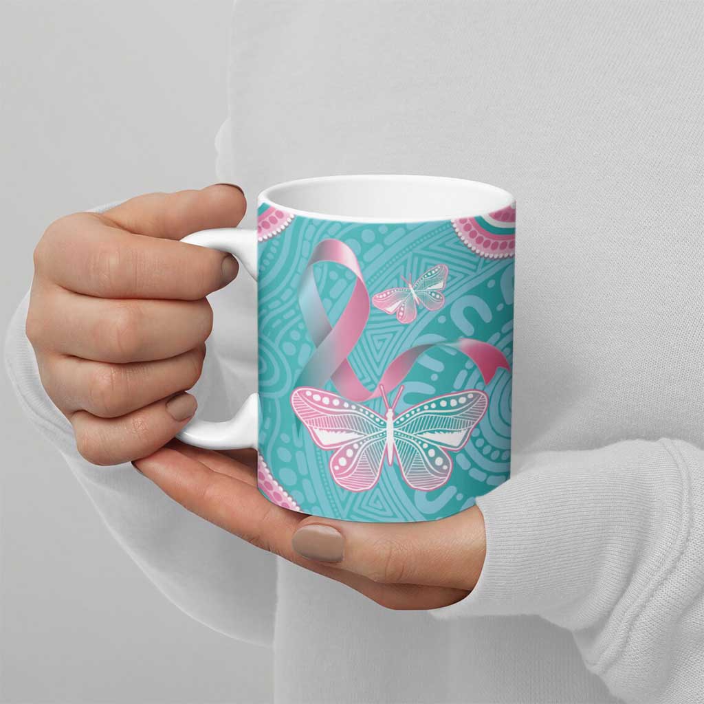Hereditary And Gynecologic Cancer Awareness Ceramic Mug Teal Pink Ribbon Aboriginal Art - Aussie Hoodie