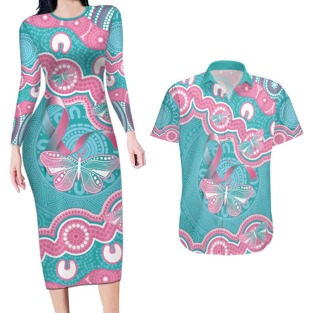 Hereditary And Gynecologic Cancer Awareness Couples Matching Long Sleeve Bodycon Dress and Hawaiian Shirt Teal Pink Ribbon Aboriginal Art - Aussie Hoodie