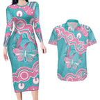 Hereditary And Gynecologic Cancer Awareness Couples Matching Long Sleeve Bodycon Dress and Hawaiian Shirt Teal Pink Ribbon Aboriginal Art - Aussie Hoodie