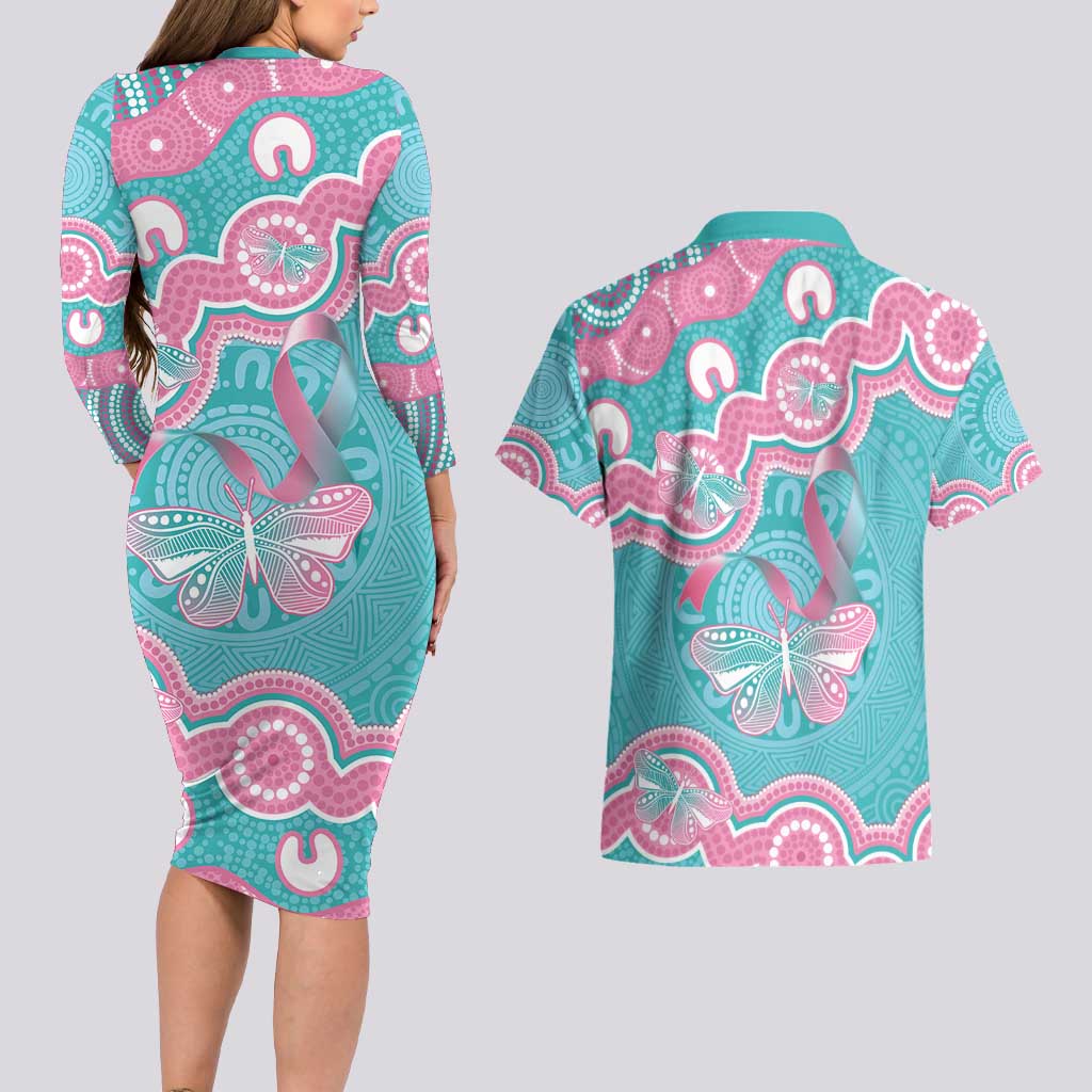 Hereditary And Gynecologic Cancer Awareness Couples Matching Long Sleeve Bodycon Dress and Hawaiian Shirt Teal Pink Ribbon Aboriginal Art - Aussie Hoodie