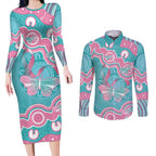 Hereditary And Gynecologic Cancer Awareness Couples Matching Long Sleeve Bodycon Dress and Long Sleeve Button Shirt Teal Pink Ribbon Aboriginal Art - Aussie Hoodie