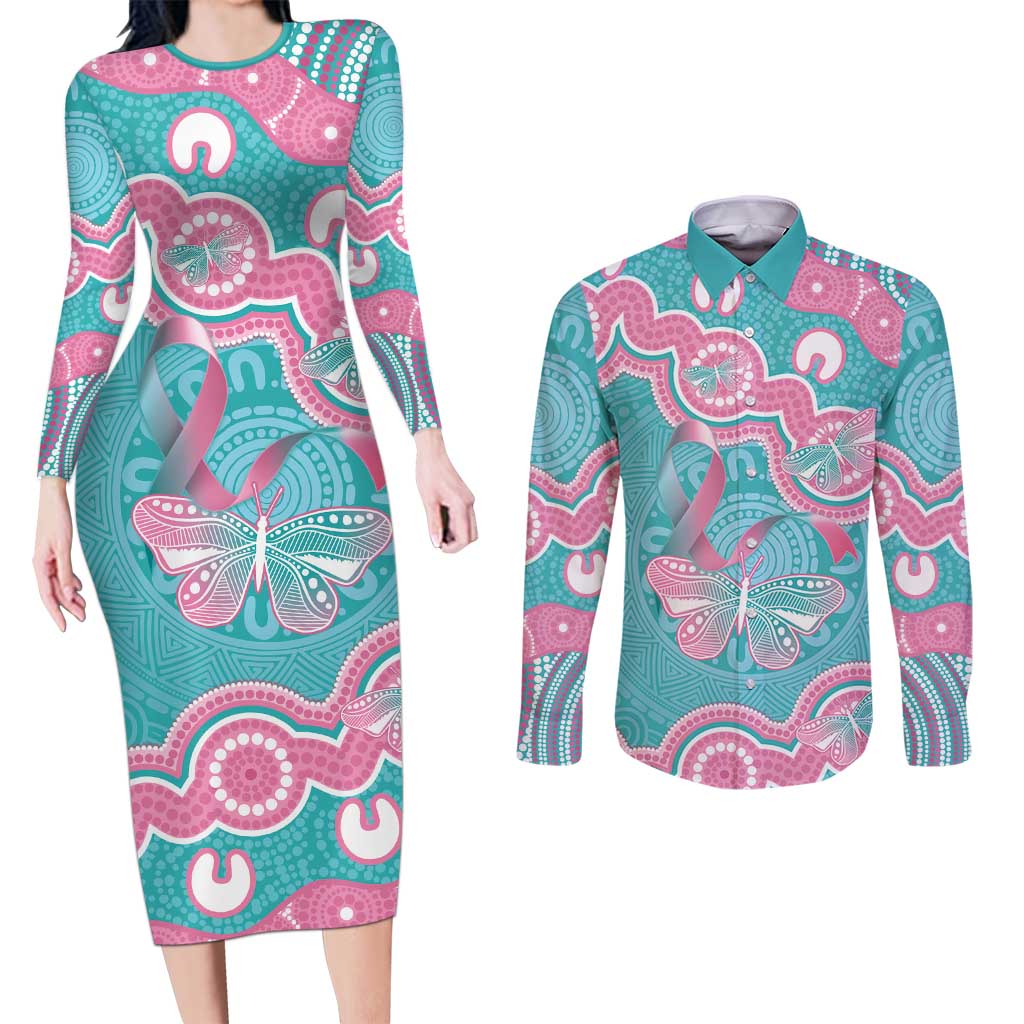 Hereditary And Gynecologic Cancer Awareness Couples Matching Long Sleeve Bodycon Dress and Long Sleeve Button Shirt Teal Pink Ribbon Aboriginal Art - Aussie Hoodie