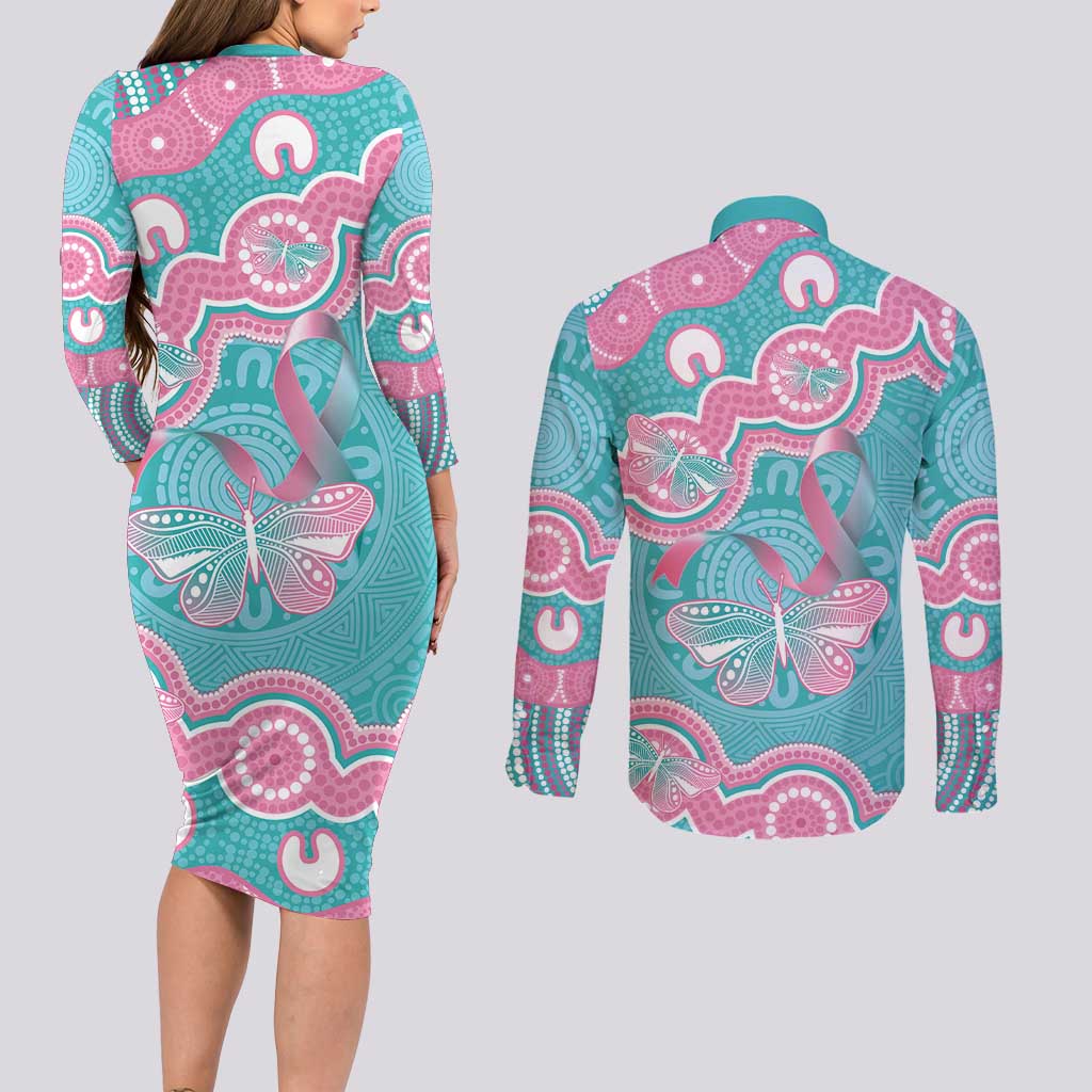 Hereditary And Gynecologic Cancer Awareness Couples Matching Long Sleeve Bodycon Dress and Long Sleeve Button Shirt Teal Pink Ribbon Aboriginal Art - Aussie Hoodie