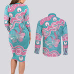 Hereditary And Gynecologic Cancer Awareness Couples Matching Long Sleeve Bodycon Dress and Long Sleeve Button Shirt Teal Pink Ribbon Aboriginal Art - Aussie Hoodie