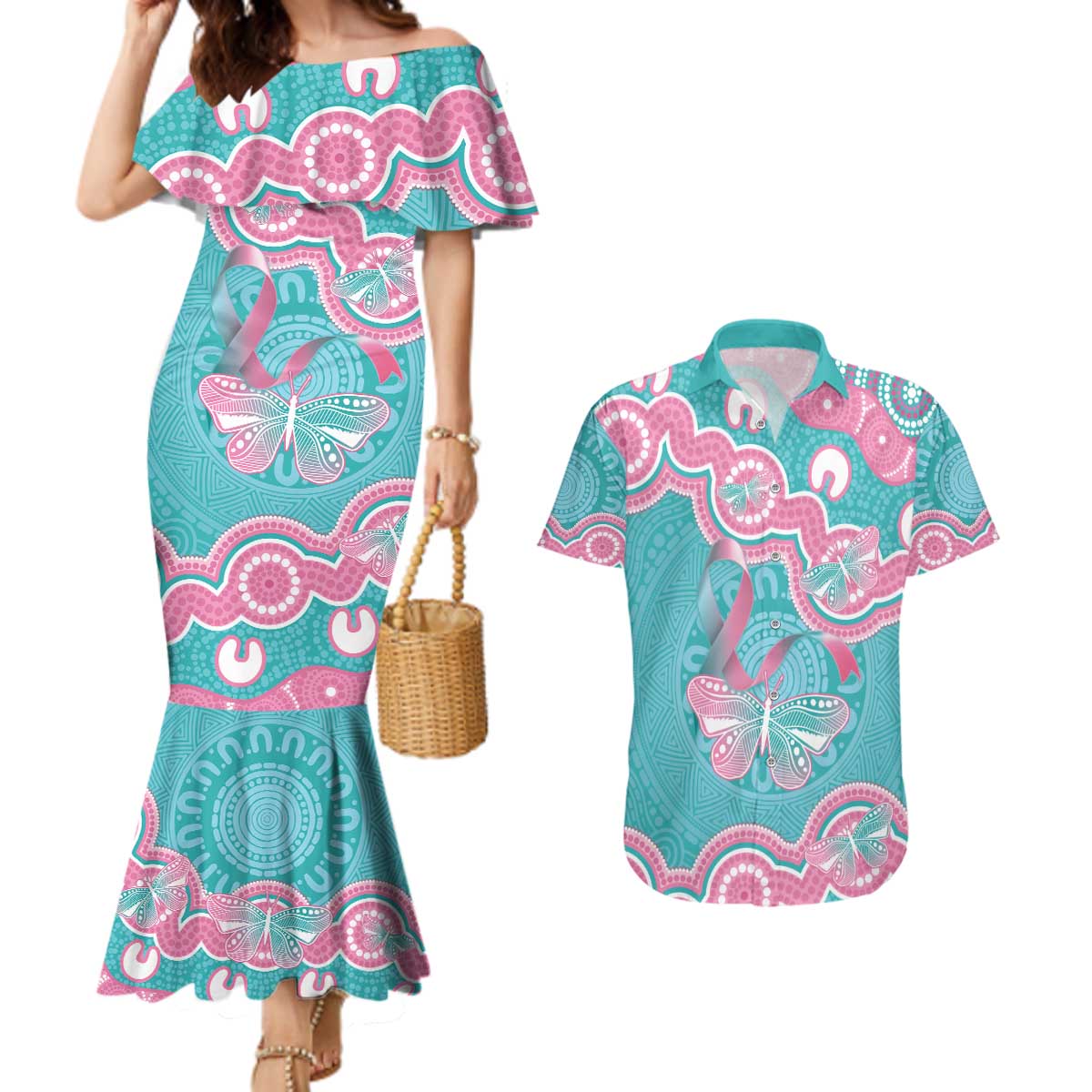 Hereditary And Gynecologic Cancer Awareness Couples Matching Mermaid Dress and Hawaiian Shirt Teal Pink Ribbon Aboriginal Art - Aussie Hoodie