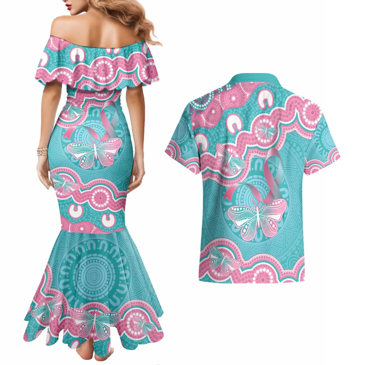 Hereditary And Gynecologic Cancer Awareness Couples Matching Mermaid Dress and Hawaiian Shirt Teal Pink Ribbon Aboriginal Art - Aussie Hoodie