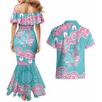 Hereditary And Gynecologic Cancer Awareness Couples Matching Mermaid Dress and Hawaiian Shirt Teal Pink Ribbon Aboriginal Art - Aussie Hoodie