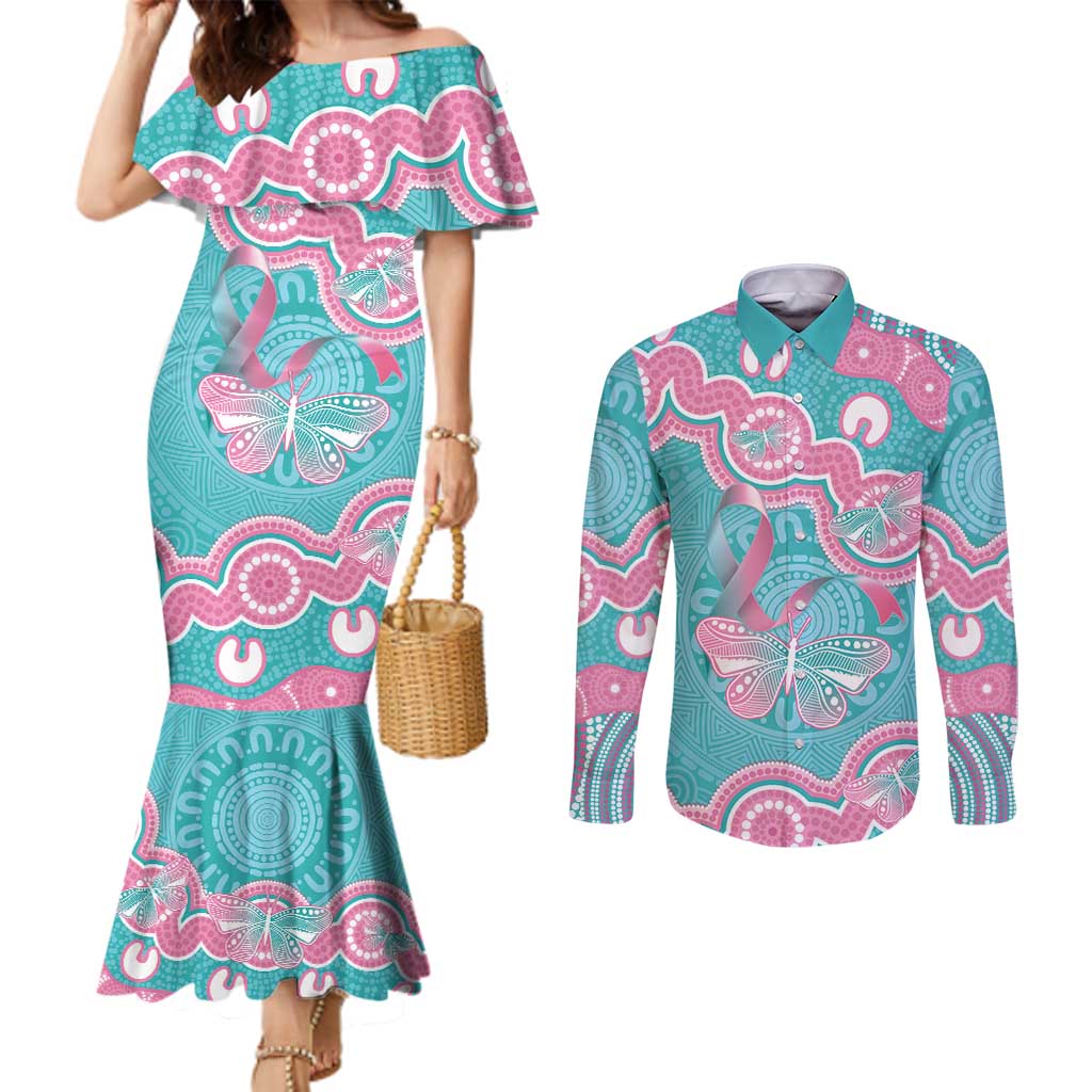 Hereditary And Gynecologic Cancer Awareness Couples Matching Mermaid Dress and Long Sleeve Button Shirt Teal Pink Ribbon Aboriginal Art - Aussie Hoodie