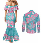 Hereditary And Gynecologic Cancer Awareness Couples Matching Mermaid Dress and Long Sleeve Button Shirt Teal Pink Ribbon Aboriginal Art - Aussie Hoodie