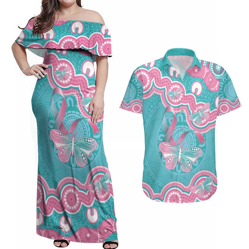 Hereditary And Gynecologic Cancer Awareness Couples Matching Off Shoulder Maxi Dress and Hawaiian Shirt Teal Pink Ribbon Aboriginal Art - Aussie Hoodie