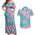 Hereditary And Gynecologic Cancer Awareness Couples Matching Off Shoulder Maxi Dress and Hawaiian Shirt Teal Pink Ribbon Aboriginal Art - Aussie Hoodie