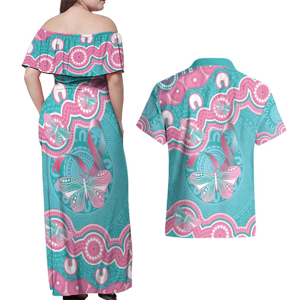 Hereditary And Gynecologic Cancer Awareness Couples Matching Off Shoulder Maxi Dress and Hawaiian Shirt Teal Pink Ribbon Aboriginal Art - Aussie Hoodie