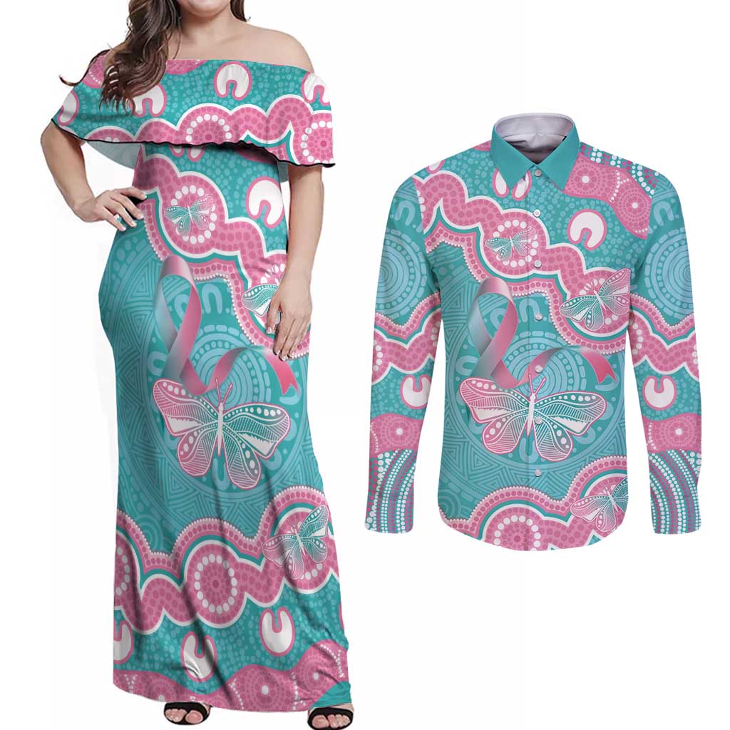 Hereditary And Gynecologic Cancer Awareness Couples Matching Off Shoulder Maxi Dress and Long Sleeve Button Shirt Teal Pink Ribbon Aboriginal Art - Aussie Hoodie