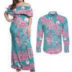 Hereditary And Gynecologic Cancer Awareness Couples Matching Off Shoulder Maxi Dress and Long Sleeve Button Shirt Teal Pink Ribbon Aboriginal Art - Aussie Hoodie