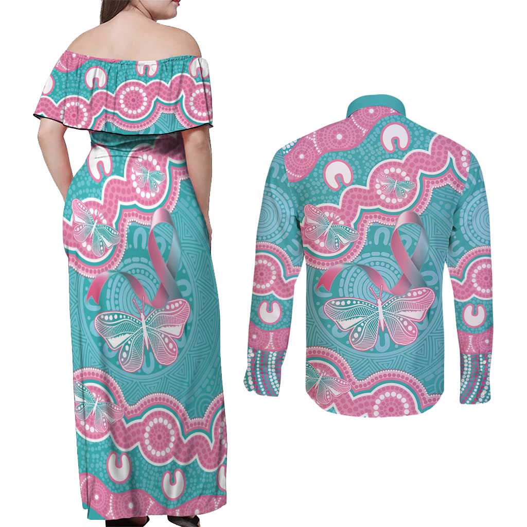 Hereditary And Gynecologic Cancer Awareness Couples Matching Off Shoulder Maxi Dress and Long Sleeve Button Shirt Teal Pink Ribbon Aboriginal Art - Aussie Hoodie