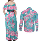 Hereditary And Gynecologic Cancer Awareness Couples Matching Off Shoulder Maxi Dress and Long Sleeve Button Shirt Teal Pink Ribbon Aboriginal Art - Aussie Hoodie