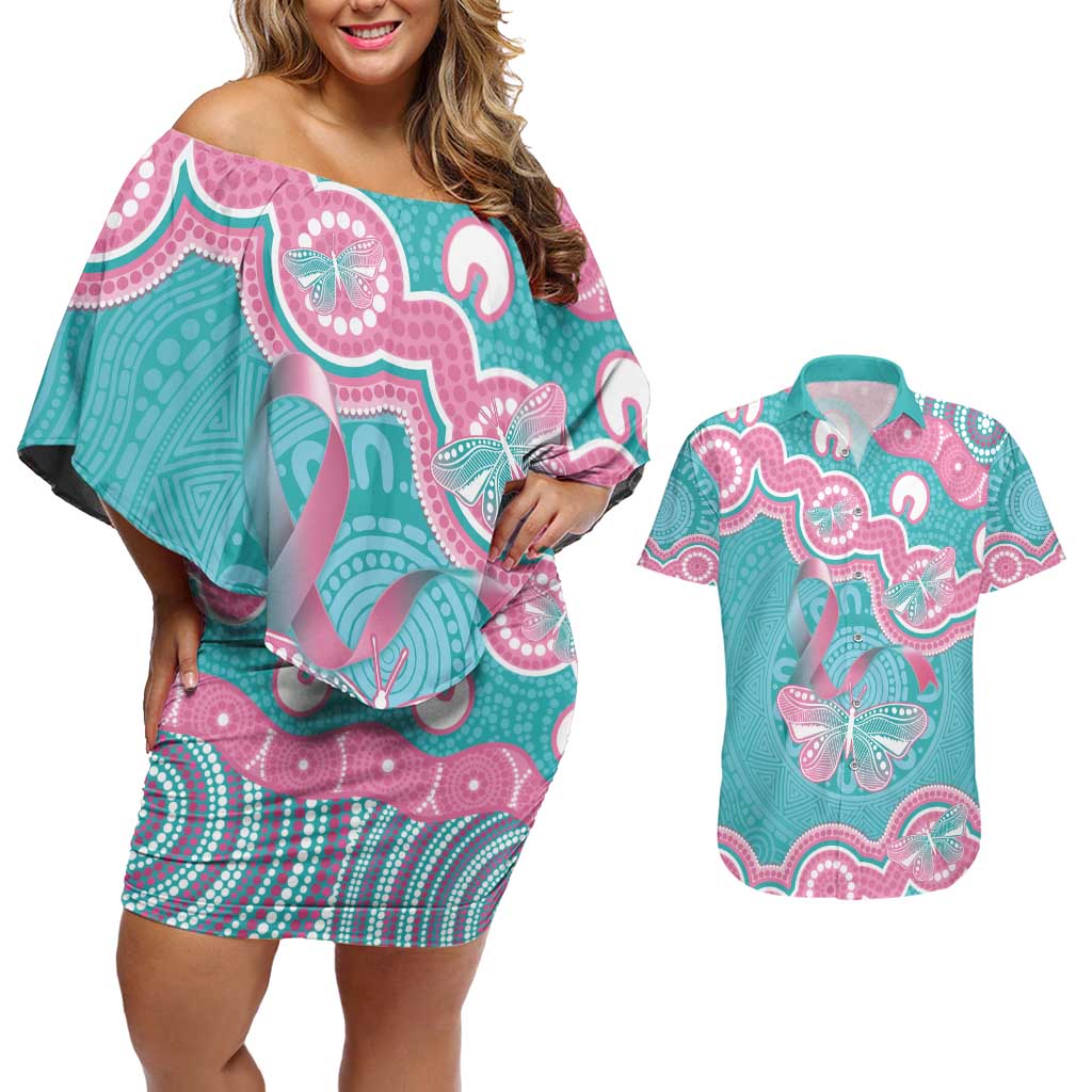 Hereditary And Gynecologic Cancer Awareness Couples Matching Off Shoulder Short Dress and Hawaiian Shirt Teal Pink Ribbon Aboriginal Art - Aussie Hoodie