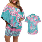 Hereditary And Gynecologic Cancer Awareness Couples Matching Off Shoulder Short Dress and Hawaiian Shirt Teal Pink Ribbon Aboriginal Art - Aussie Hoodie