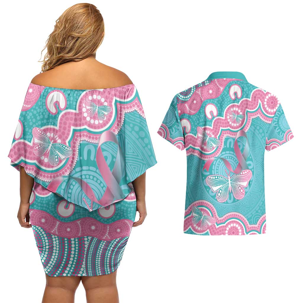 Hereditary And Gynecologic Cancer Awareness Couples Matching Off Shoulder Short Dress and Hawaiian Shirt Teal Pink Ribbon Aboriginal Art - Aussie Hoodie