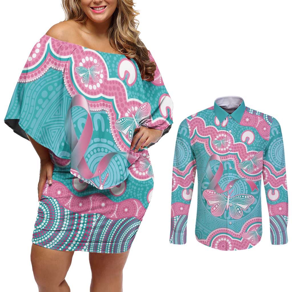 Hereditary And Gynecologic Cancer Awareness Couples Matching Off Shoulder Short Dress and Long Sleeve Button Shirt Teal Pink Ribbon Aboriginal Art - Aussie Hoodie