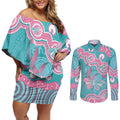 Hereditary And Gynecologic Cancer Awareness Couples Matching Off Shoulder Short Dress and Long Sleeve Button Shirt Teal Pink Ribbon Aboriginal Art - Aussie Hoodie