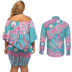 Hereditary And Gynecologic Cancer Awareness Couples Matching Off Shoulder Short Dress and Long Sleeve Button Shirt Teal Pink Ribbon Aboriginal Art - Aussie Hoodie