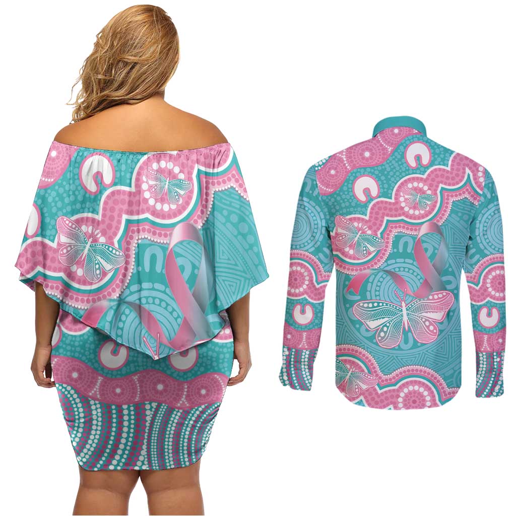 Hereditary And Gynecologic Cancer Awareness Couples Matching Off Shoulder Short Dress and Long Sleeve Button Shirt Teal Pink Ribbon Aboriginal Art - Aussie Hoodie