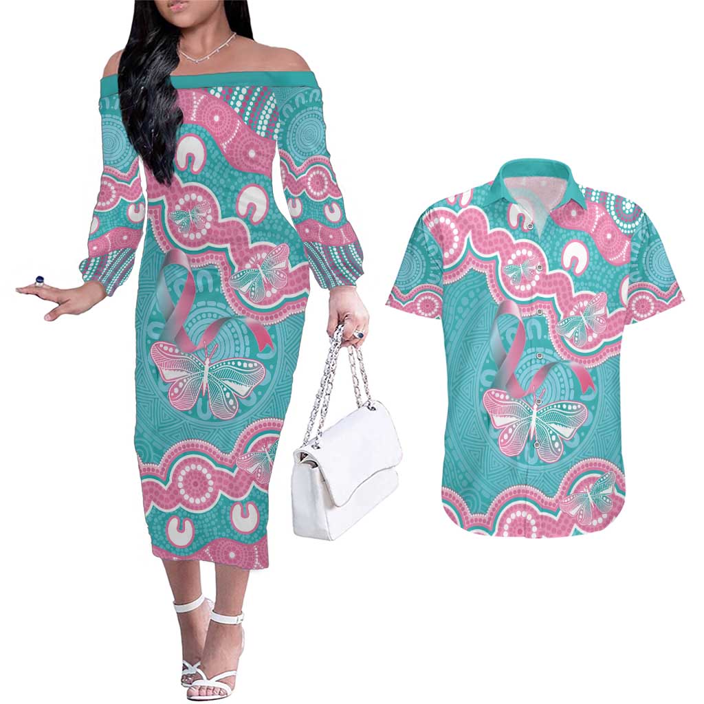Hereditary And Gynecologic Cancer Awareness Couples Matching Off The Shoulder Long Sleeve Dress and Hawaiian Shirt Teal Pink Ribbon Aboriginal Art - Aussie Hoodie