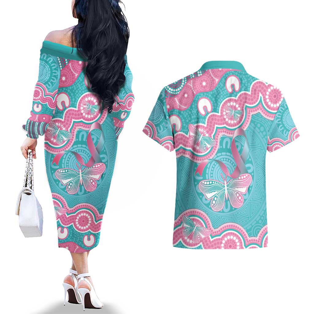 Hereditary And Gynecologic Cancer Awareness Couples Matching Off The Shoulder Long Sleeve Dress and Hawaiian Shirt Teal Pink Ribbon Aboriginal Art - Aussie Hoodie