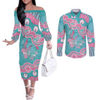 Hereditary And Gynecologic Cancer Awareness Couples Matching Off The Shoulder Long Sleeve Dress and Long Sleeve Button Shirt Teal Pink Ribbon Aboriginal Art - Aussie Hoodie