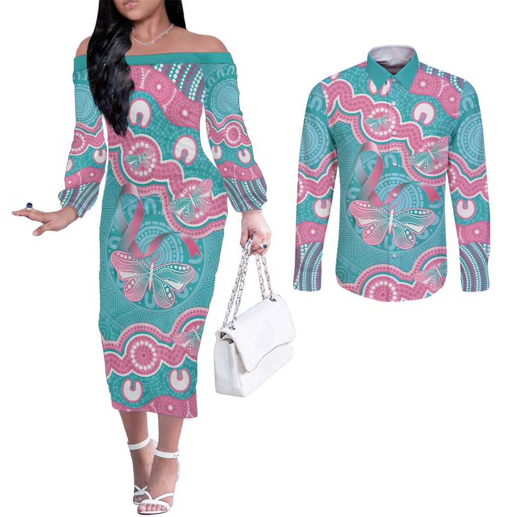 Hereditary And Gynecologic Cancer Awareness Couples Matching Off The Shoulder Long Sleeve Dress and Long Sleeve Button Shirt Teal Pink Ribbon Aboriginal Art - Aussie Hoodie