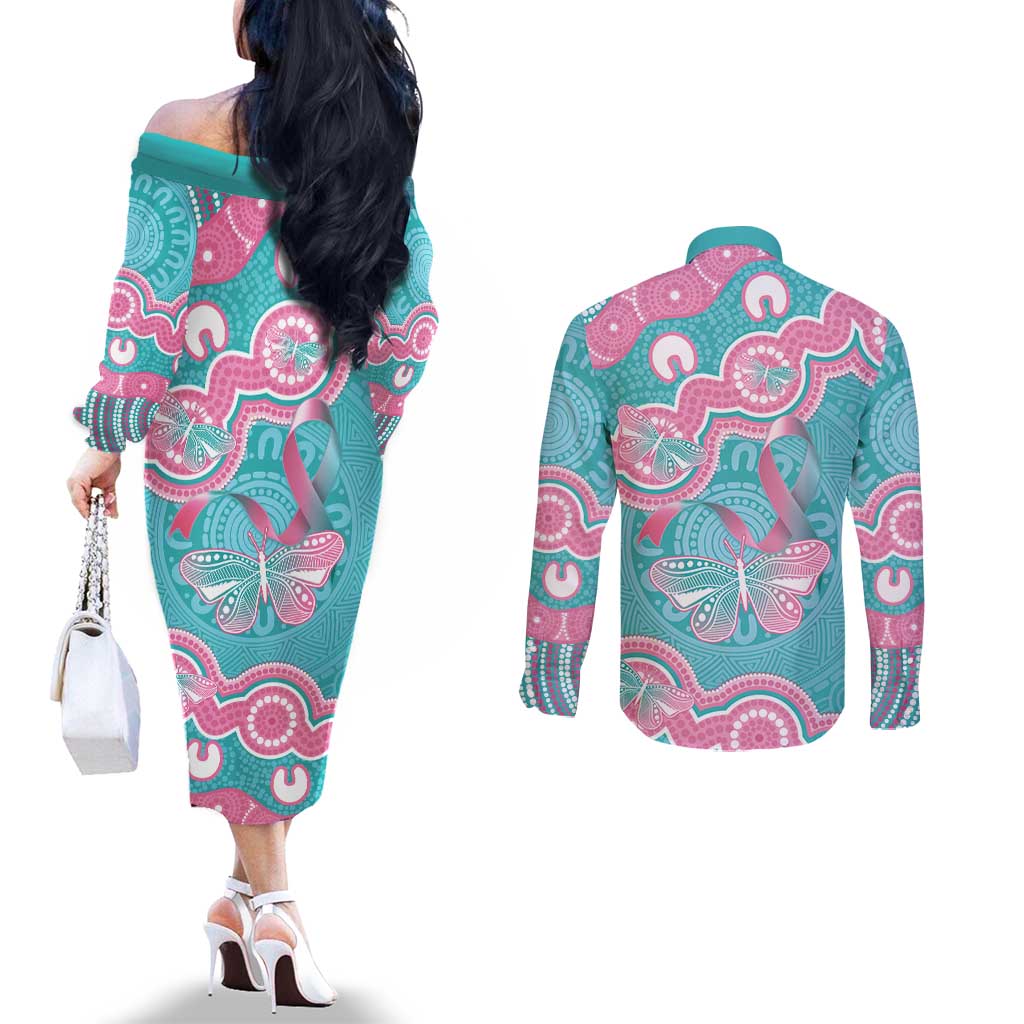 Hereditary And Gynecologic Cancer Awareness Couples Matching Off The Shoulder Long Sleeve Dress and Long Sleeve Button Shirt Teal Pink Ribbon Aboriginal Art - Aussie Hoodie