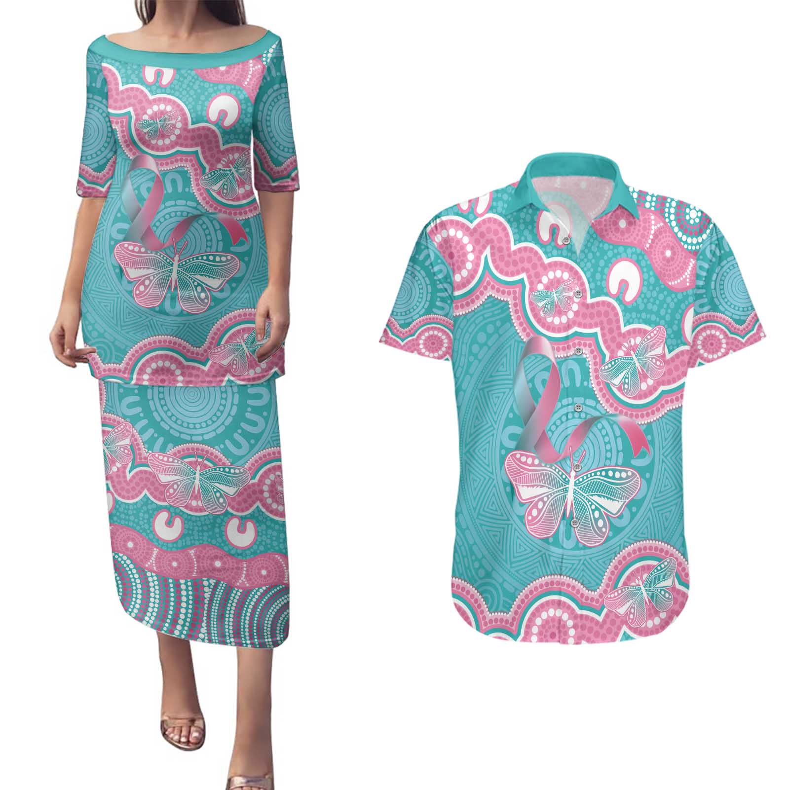Hereditary And Gynecologic Cancer Awareness Couples Matching Puletasi and Hawaiian Shirt Teal Pink Ribbon Aboriginal Art - Aussie Hoodie