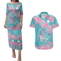 Hereditary And Gynecologic Cancer Awareness Couples Matching Puletasi and Hawaiian Shirt Teal Pink Ribbon Aboriginal Art - Aussie Hoodie