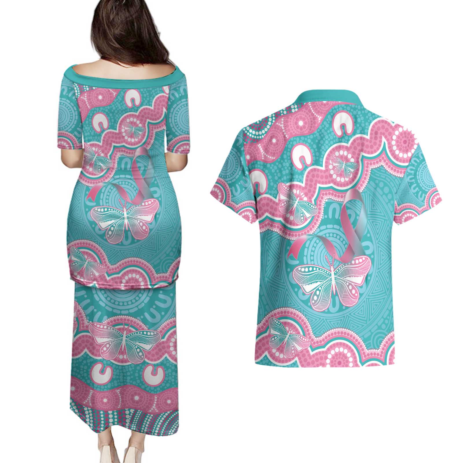 Hereditary And Gynecologic Cancer Awareness Couples Matching Puletasi and Hawaiian Shirt Teal Pink Ribbon Aboriginal Art - Aussie Hoodie
