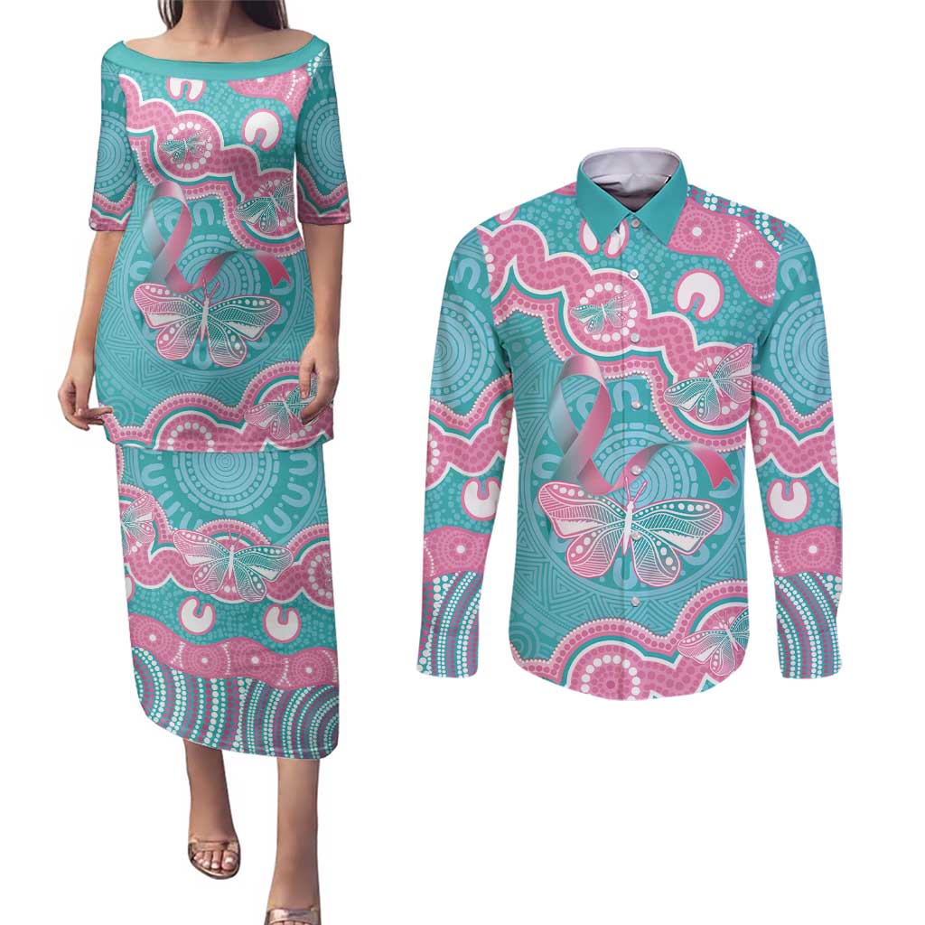 Hereditary And Gynecologic Cancer Awareness Couples Matching Puletasi and Long Sleeve Button Shirt Teal Pink Ribbon Aboriginal Art - Aussie Hoodie