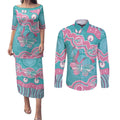 Hereditary And Gynecologic Cancer Awareness Couples Matching Puletasi and Long Sleeve Button Shirt Teal Pink Ribbon Aboriginal Art - Aussie Hoodie