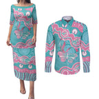Hereditary And Gynecologic Cancer Awareness Couples Matching Puletasi and Long Sleeve Button Shirt Teal Pink Ribbon Aboriginal Art - Aussie Hoodie