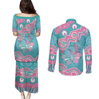 Hereditary And Gynecologic Cancer Awareness Couples Matching Puletasi and Long Sleeve Button Shirt Teal Pink Ribbon Aboriginal Art - Aussie Hoodie