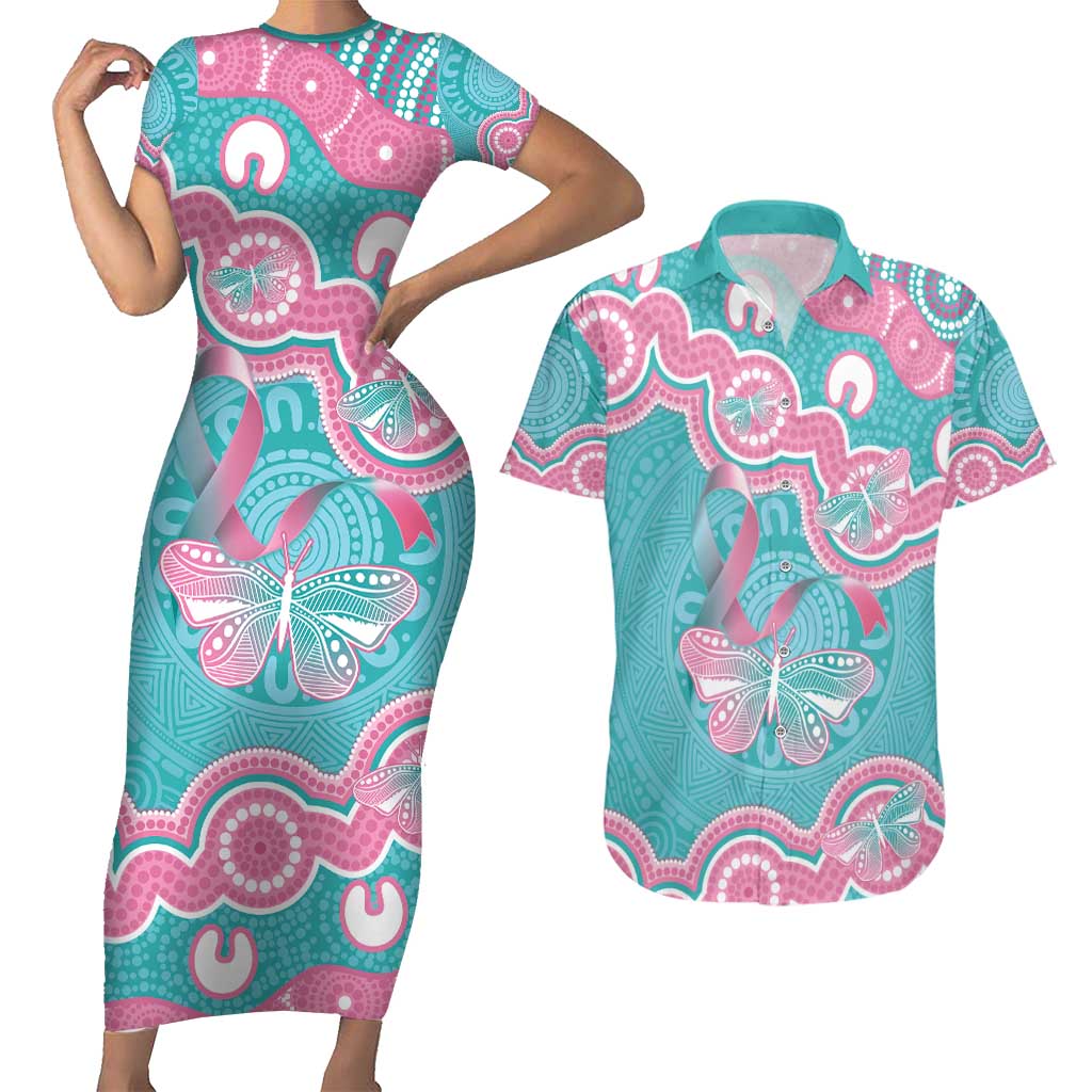 Hereditary And Gynecologic Cancer Awareness Couples Matching Short Sleeve Bodycon Dress and Hawaiian Shirt Teal Pink Ribbon Aboriginal Art - Aussie Hoodie