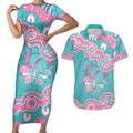 Hereditary And Gynecologic Cancer Awareness Couples Matching Short Sleeve Bodycon Dress and Hawaiian Shirt Teal Pink Ribbon Aboriginal Art - Aussie Hoodie