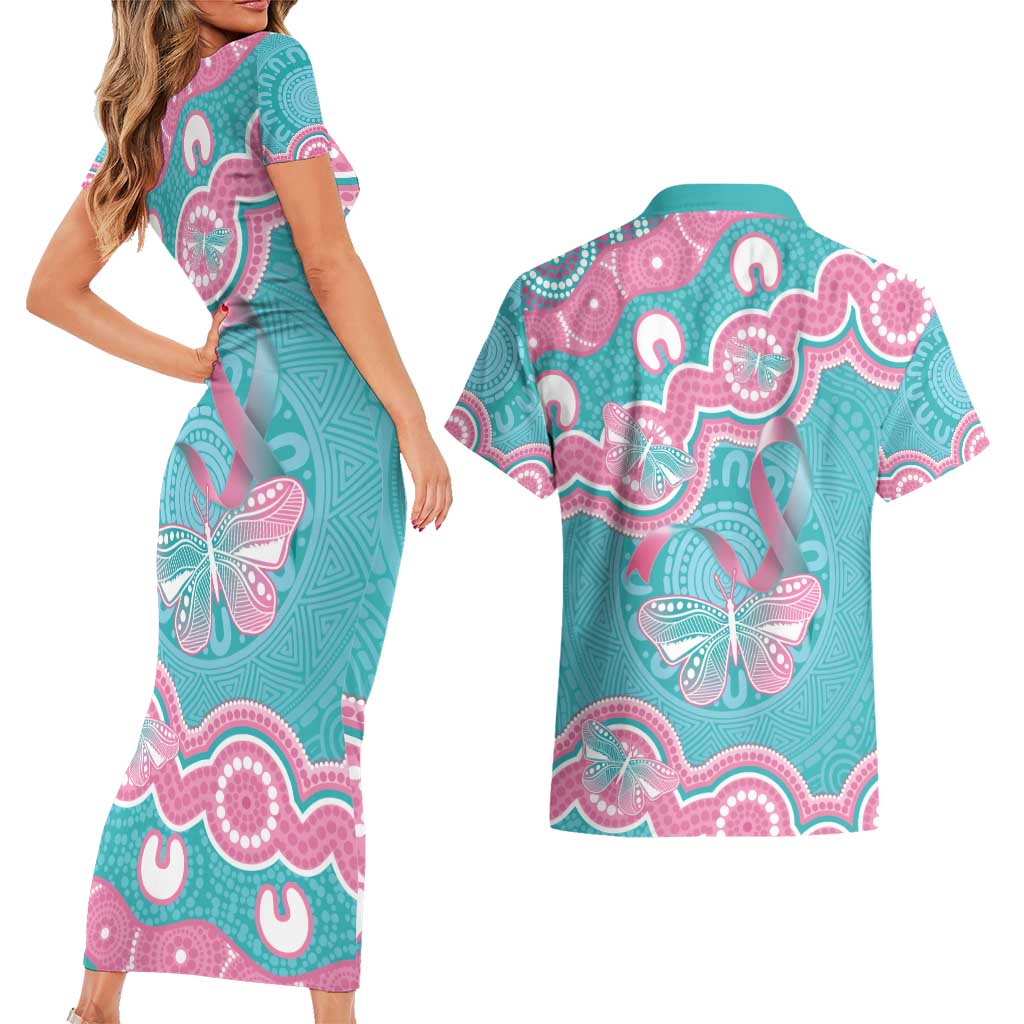 Hereditary And Gynecologic Cancer Awareness Couples Matching Short Sleeve Bodycon Dress and Hawaiian Shirt Teal Pink Ribbon Aboriginal Art - Aussie Hoodie