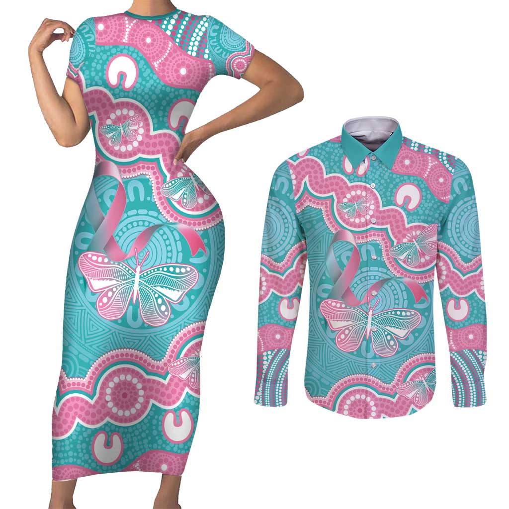 Hereditary And Gynecologic Cancer Awareness Couples Matching Short Sleeve Bodycon Dress and Long Sleeve Button Shirt Teal Pink Ribbon Aboriginal Art - Aussie Hoodie