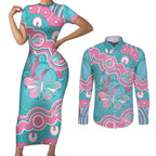 Hereditary And Gynecologic Cancer Awareness Couples Matching Short Sleeve Bodycon Dress and Long Sleeve Button Shirt Teal Pink Ribbon Aboriginal Art - Aussie Hoodie