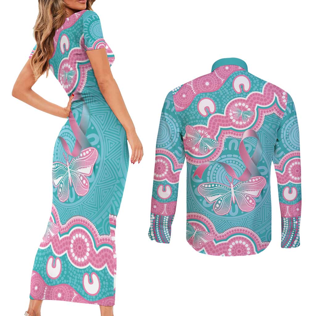 Hereditary And Gynecologic Cancer Awareness Couples Matching Short Sleeve Bodycon Dress and Long Sleeve Button Shirt Teal Pink Ribbon Aboriginal Art - Aussie Hoodie