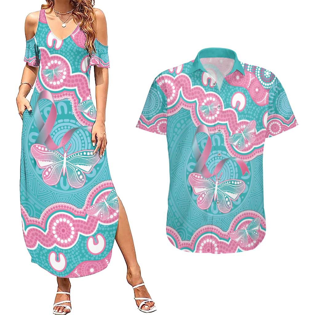 Hereditary And Gynecologic Cancer Awareness Couples Matching Summer Maxi Dress and Hawaiian Shirt Teal Pink Ribbon Aboriginal Art - Aussie Hoodie
