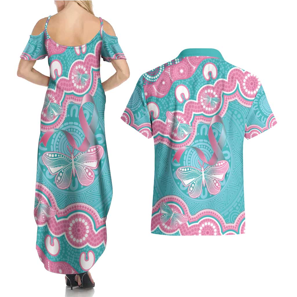 Hereditary And Gynecologic Cancer Awareness Couples Matching Summer Maxi Dress and Hawaiian Shirt Teal Pink Ribbon Aboriginal Art - Aussie Hoodie