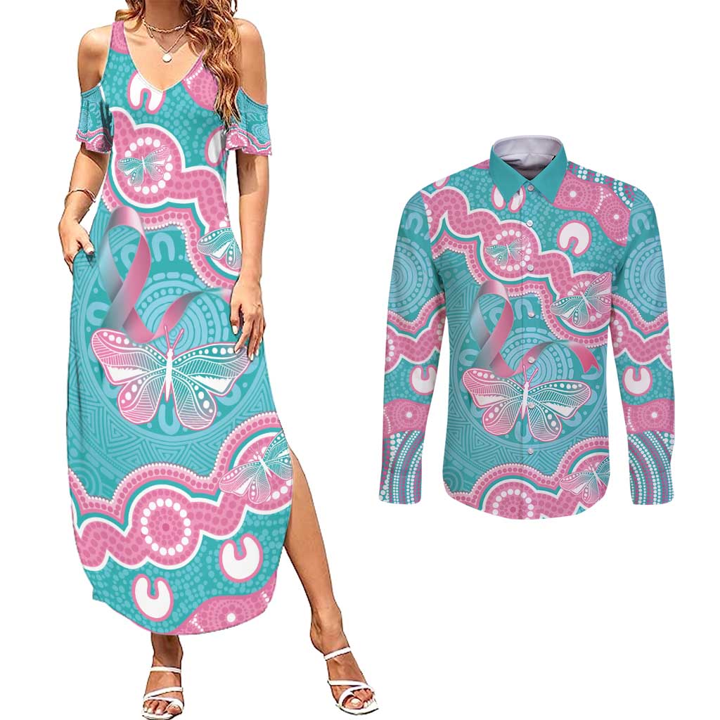 Hereditary And Gynecologic Cancer Awareness Couples Matching Summer Maxi Dress and Long Sleeve Button Shirt Teal Pink Ribbon Aboriginal Art - Aussie Hoodie