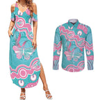 Hereditary And Gynecologic Cancer Awareness Couples Matching Summer Maxi Dress and Long Sleeve Button Shirt Teal Pink Ribbon Aboriginal Art - Aussie Hoodie